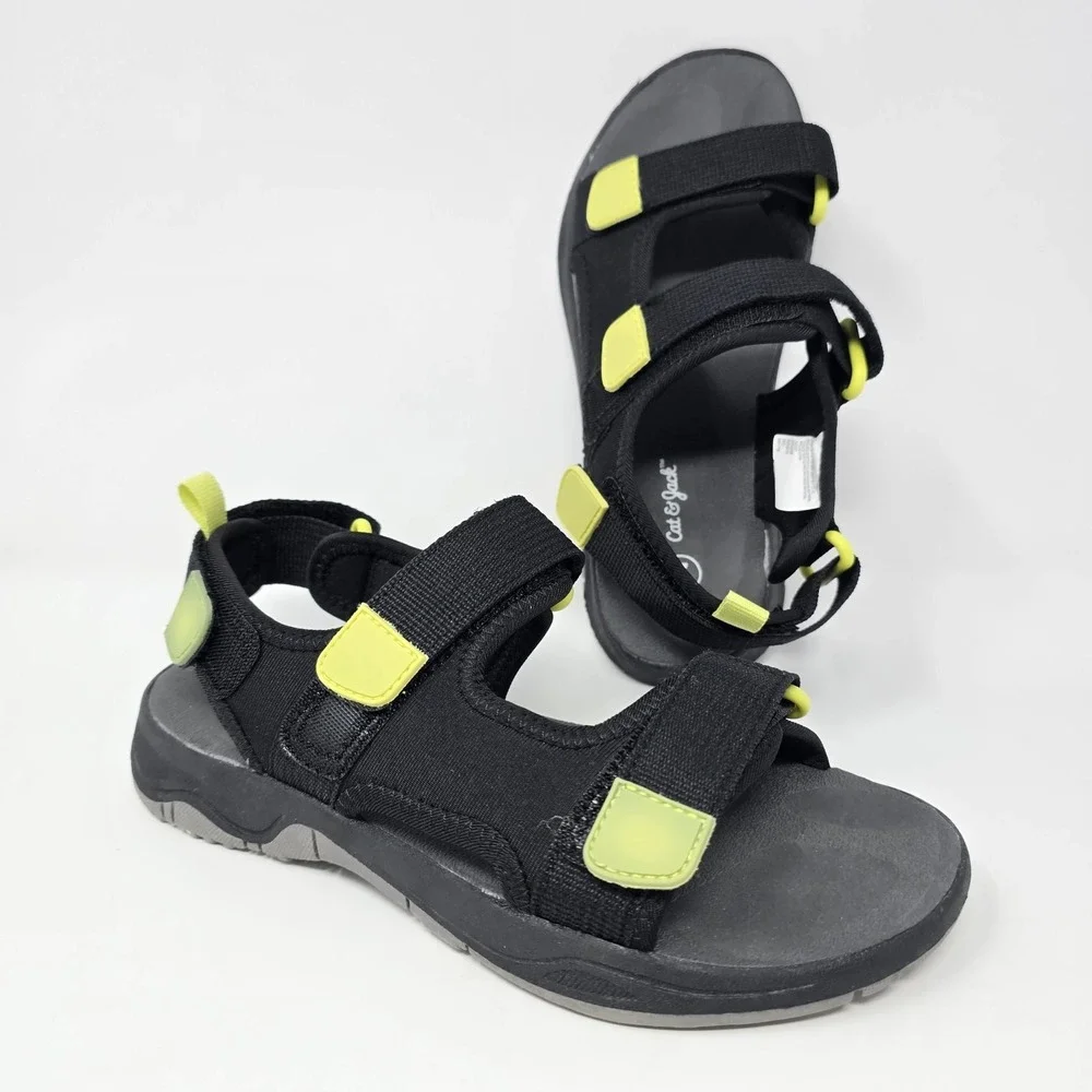Cat & Jack Boys Black Lime Green Athletic Strappy Sandals Size 2 077043556